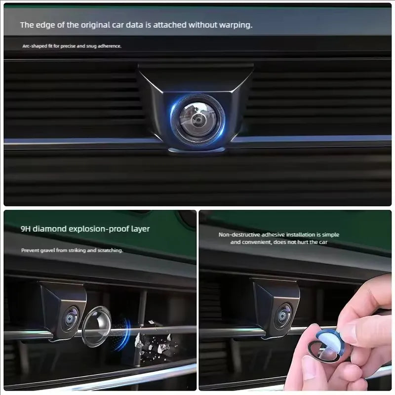 A close-up view of a car camera lens protector installed on a car grille, showing the edge attached without warping.