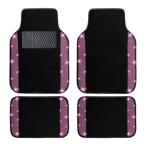 A set of black car floor mats with sparkling pink diamond accents.