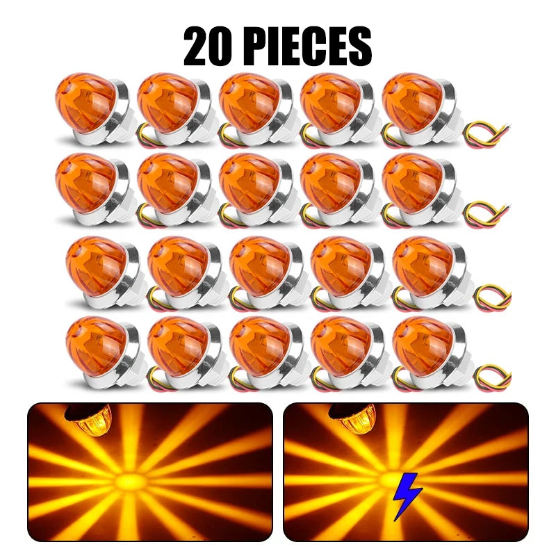 A set of 20 mini LED flashing turn signals for trucks and trailers shown in various angles.