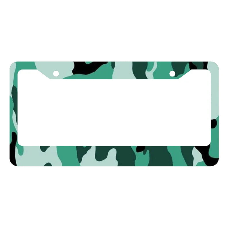 A rectangular license plate cover with a camouflage pattern featuring green and dark green colors.