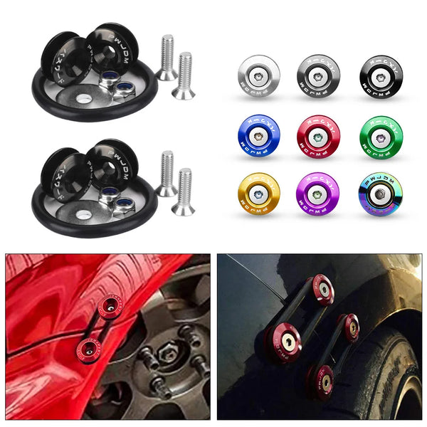 Set of billet aluminum quick release fasteners for automotive bumpers and panels shown in various sizes and finishes