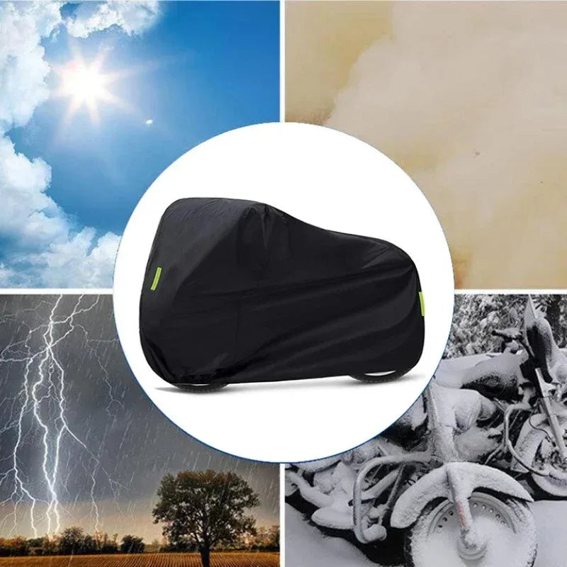 Black all-season waterproof cover for a motorcycle or scooter shown against a bright sky and lightning.