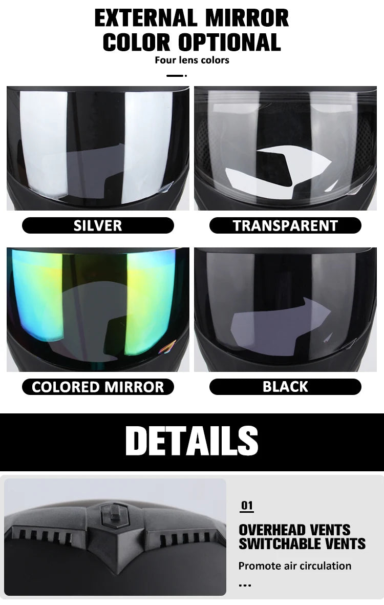 External mirror color options including silver, transparent, colored mirror, and black finish for a DOT certified double lens