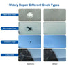 A comparison showing various types of cracks on a surface before and after repair using an automotive windshield crack repair