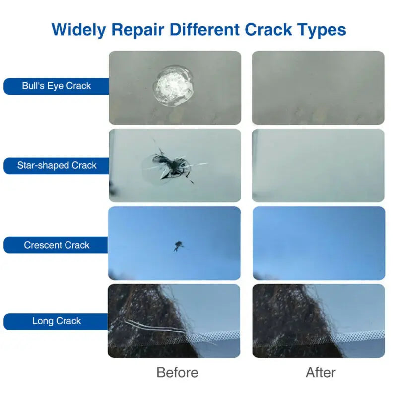 A comparison showing various types of cracks on a surface before and after repair using an automotive windshield crack repair