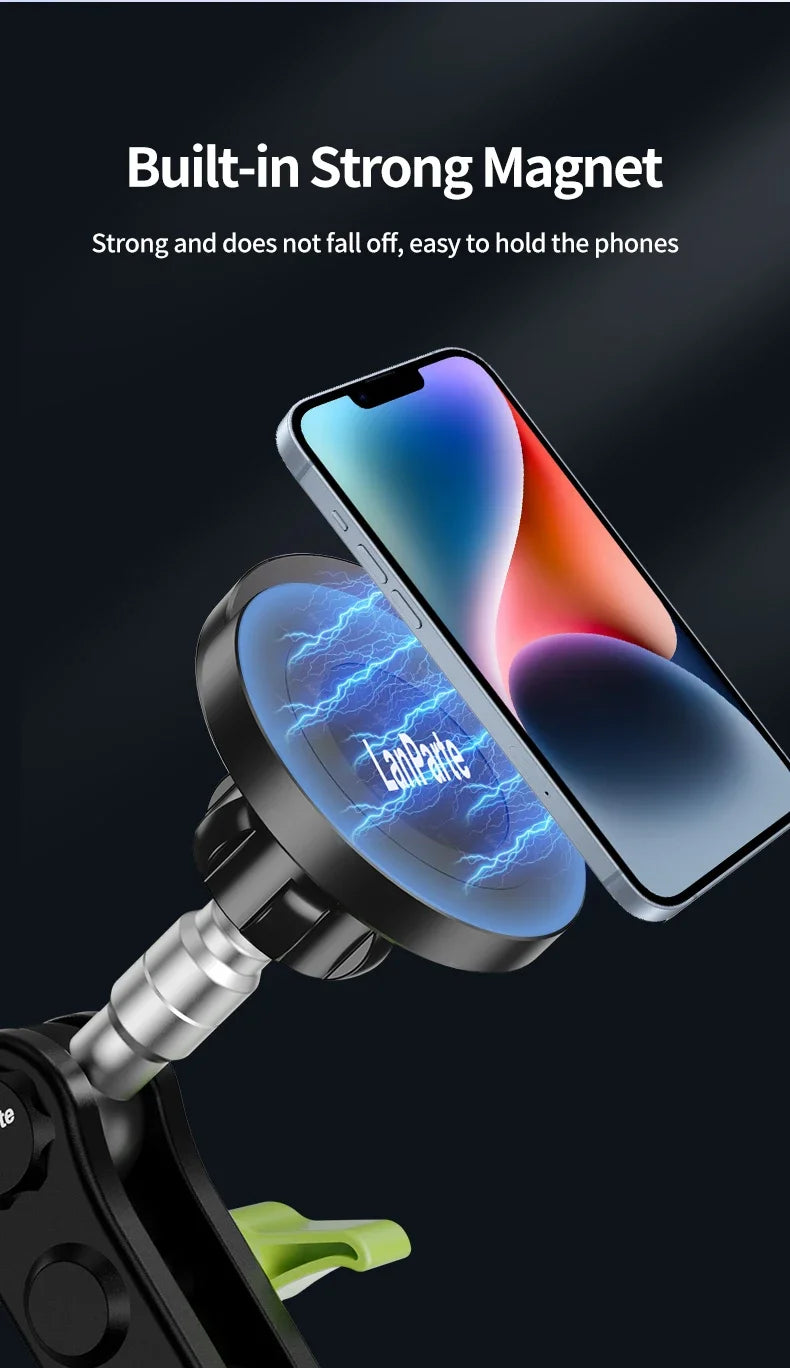 Gros plan d'un téléphone monté sur un accessoire magnétique, démontrant une forte fonction magnétique intégrée.