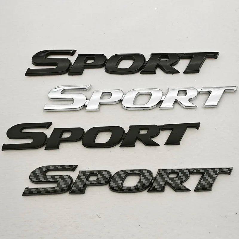 Four variations of the word SPORT in black, silver, matte black, and carbon fiber finishes for a car logo emblem.