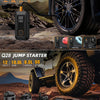 A multi-function jump starter and air compressor kit featuring various battery and tire types.