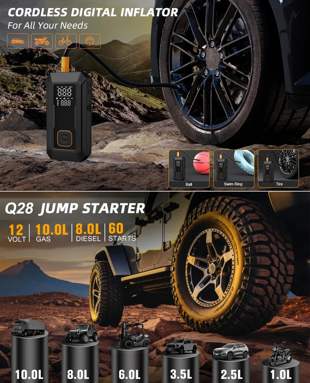 A multi-function jump starter and air compressor kit featuring various battery and tire types.