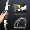 Diagram showing a manual liquid transfer pump assembly including a black coiled tube, a white PVC pipe, and a yellow valve.