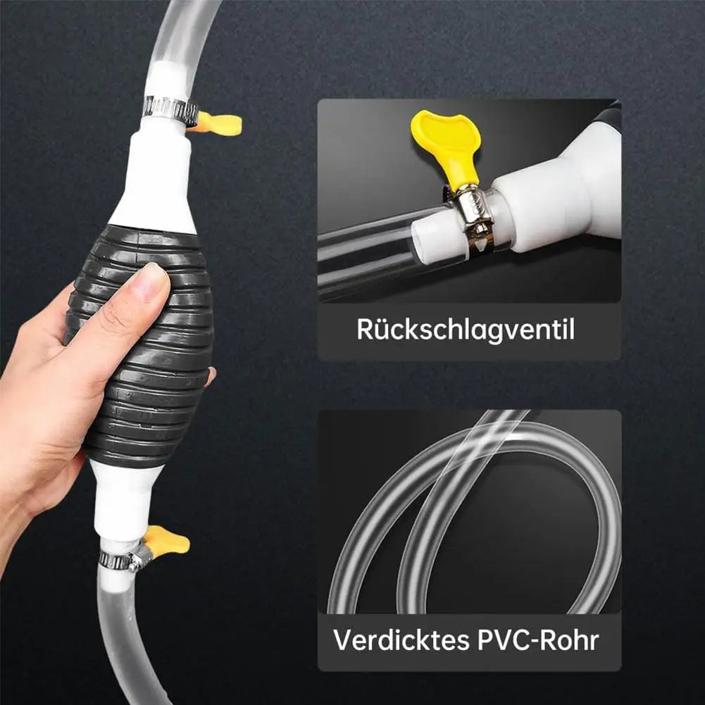 Diagram showing a manual liquid transfer pump assembly including a black coiled tube, a white PVC pipe, and a yellow valve.