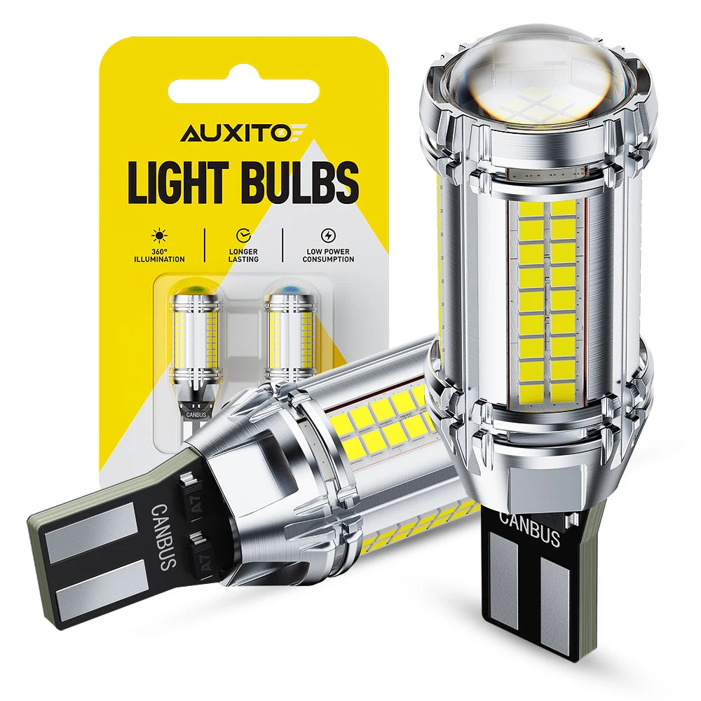 A pack of Auxito light bulbs featuring an HD projector lens and a CANBUS connector for LED reverse lights.
