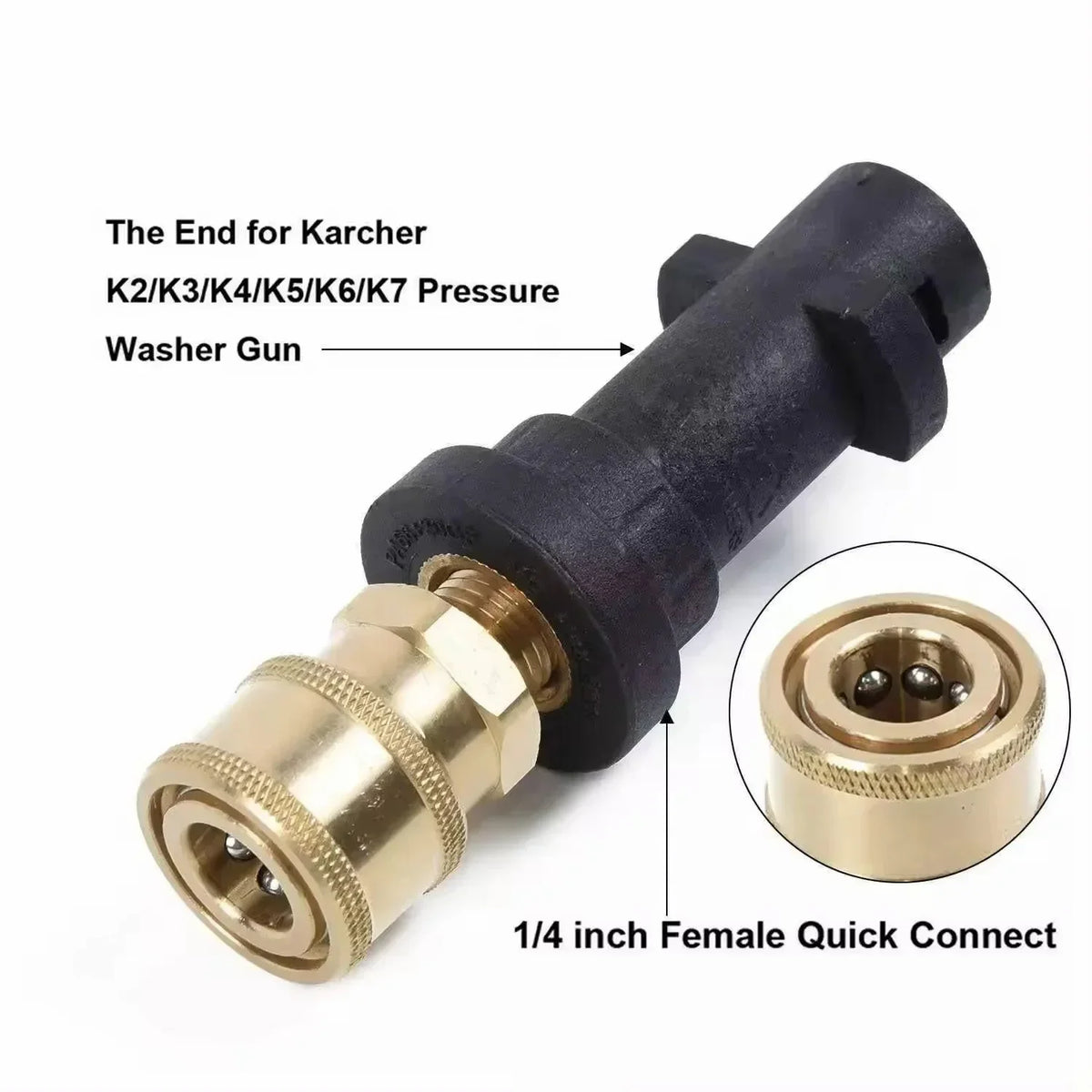 Adaptador de lavadora a presión negro con conexión de pistola y conexión rápida hembra de 1/4 de pulgada.