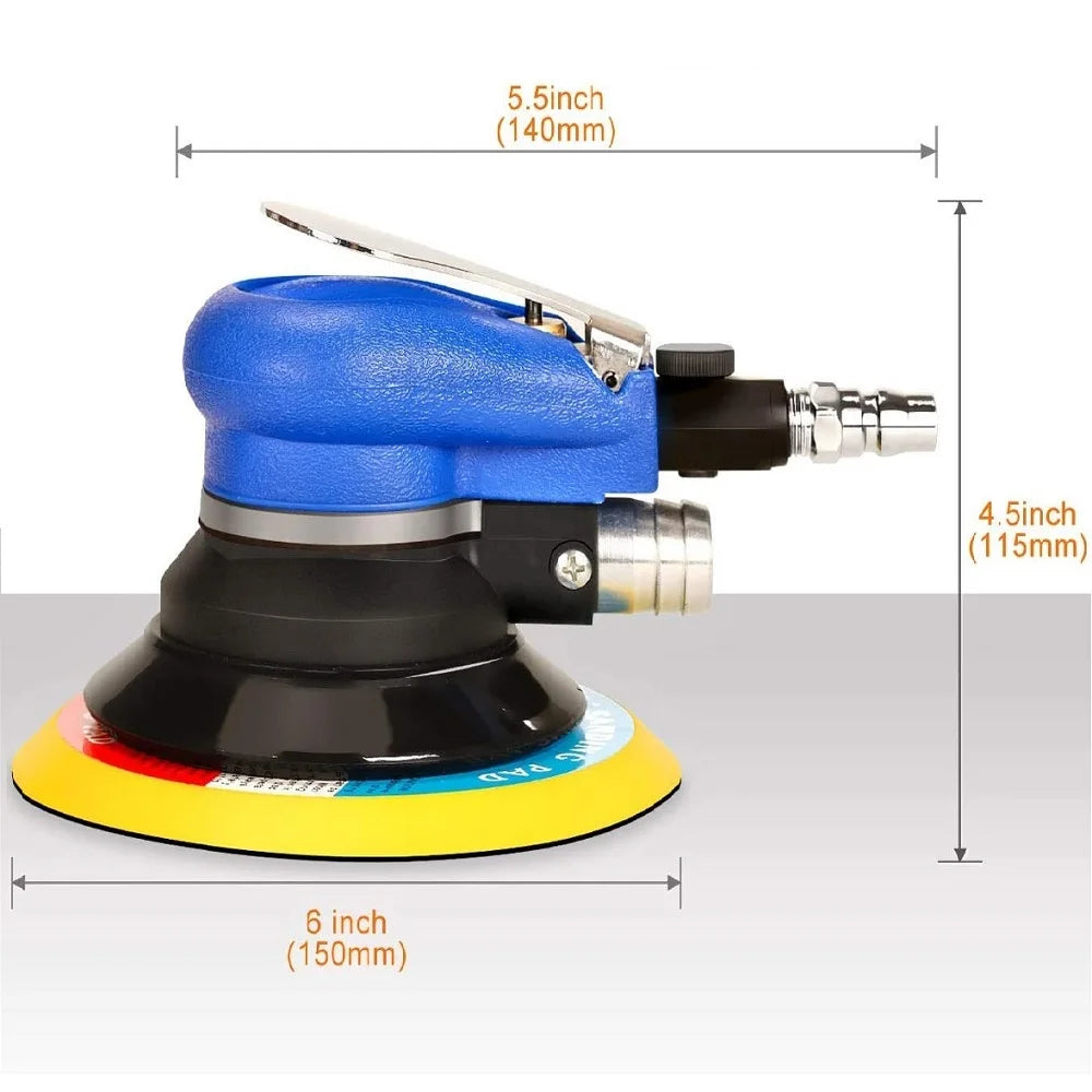 A blue and black professional pneumatic orbital sander with a yellow pad shown from the side.
