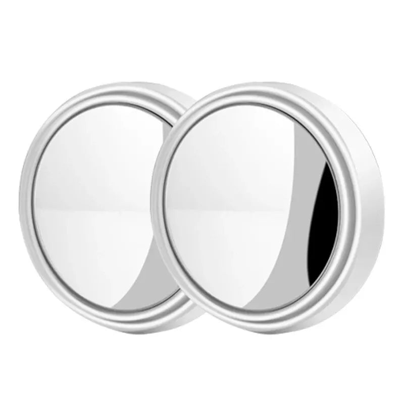 A set of two round, silver-framed car blind spot mirrors.