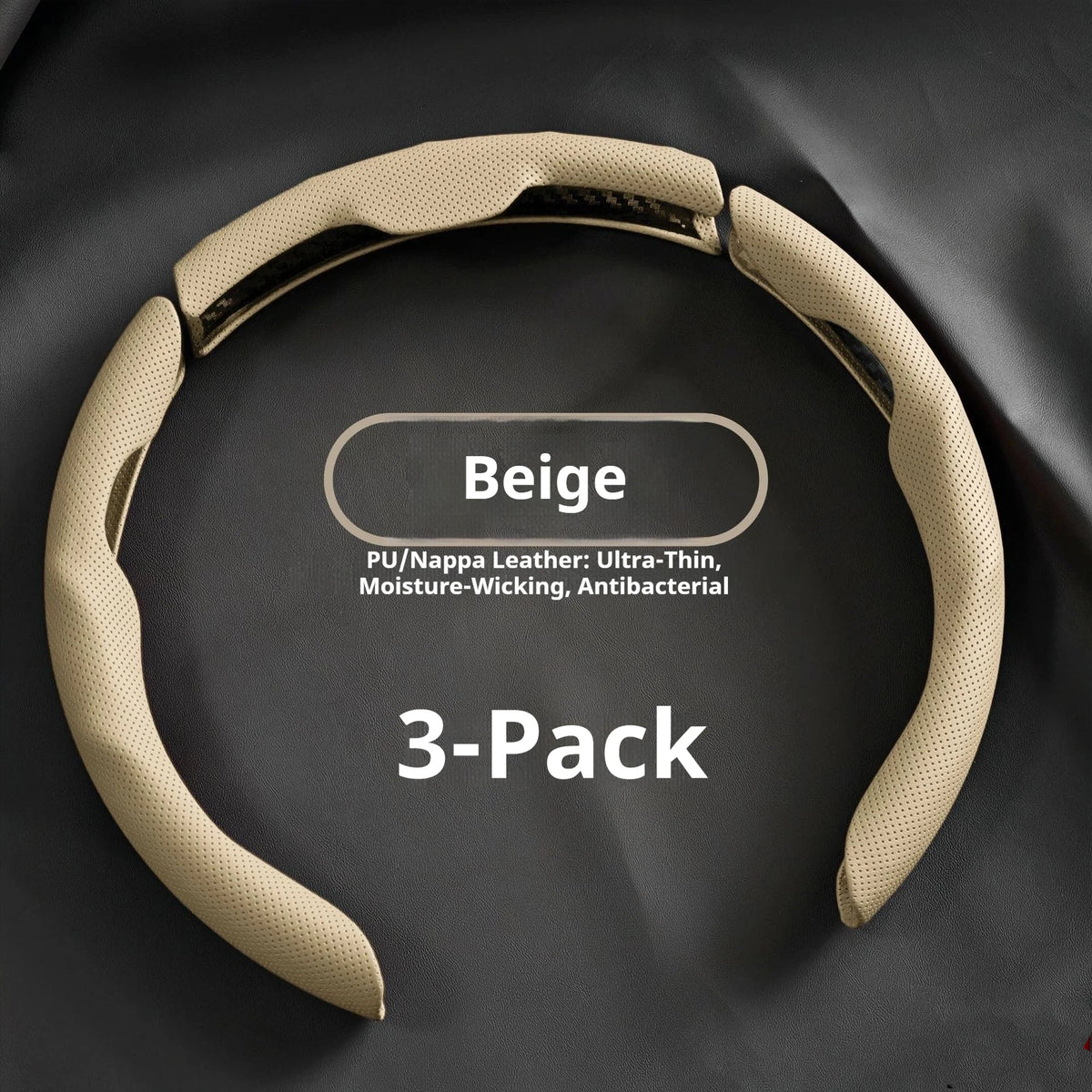 A beige PU/Nappa leather steering wheel cover in a 3-pack is shown against a dark background.