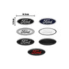 A set of Ford aluminum hood and trunk emblem badges and stickers with various sizes.