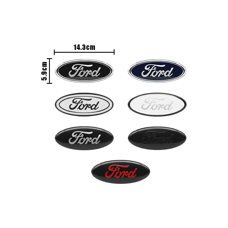 A set of Ford aluminum hood and trunk emblem badges and stickers with various sizes.