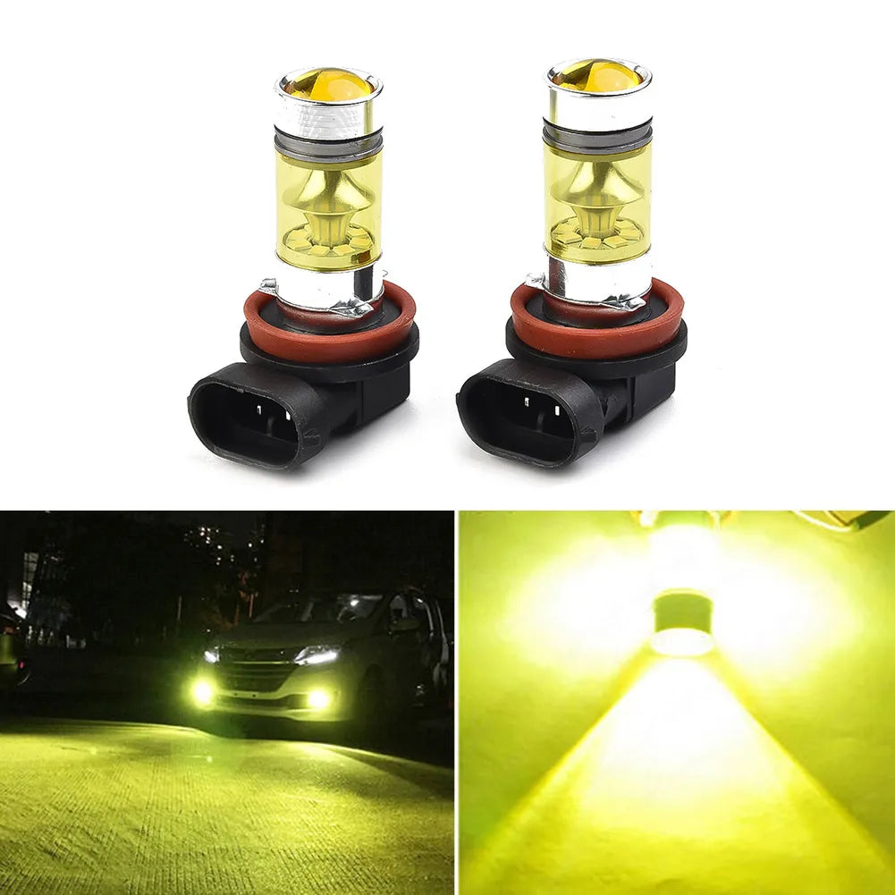 A pair of yellow LED fog light bulbs with silver and black bases shown alongside a close-up of the light beam.