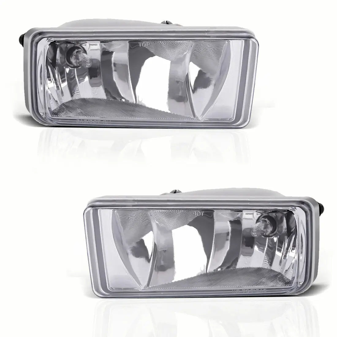 A clear auxiliary fog light assembly for a vehicle, shown in two views.