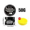 A black jar of Plastic Clean Scratch Remover Polishing Wax with a yellow polishing pad.