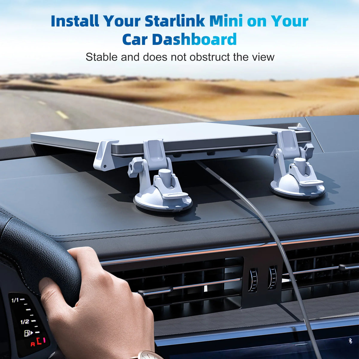 A hand installs a portable suction mount for a Starlink Mini device onto a car dashboard.