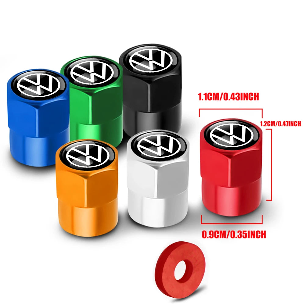 A collection of multi-color metal tire valve caps in blue, green, orange, and red, with dimensions provided.