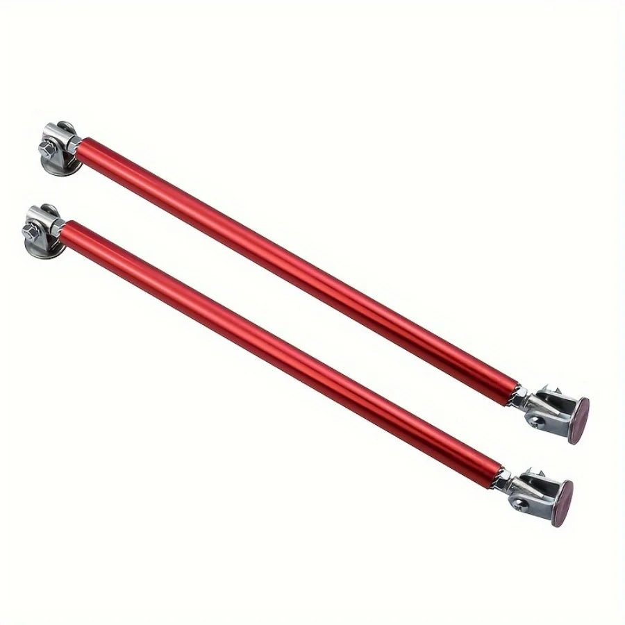 Two parallel red metal support rods with adjustable ends.