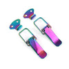 Three metallic car trunk pull buckle repair clips in iridescent blue and purple colors.
