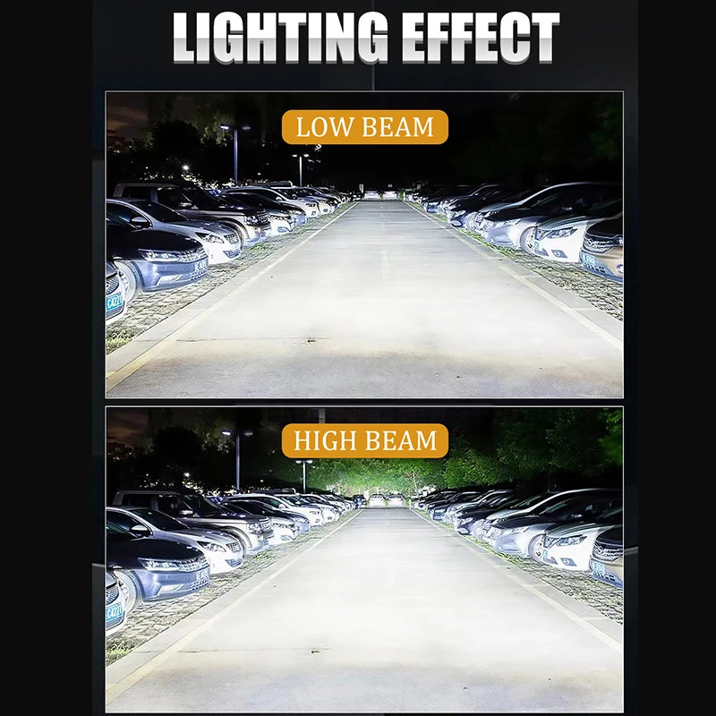 Comparison of low beam and high beam lighting effects on a road with parked cars.