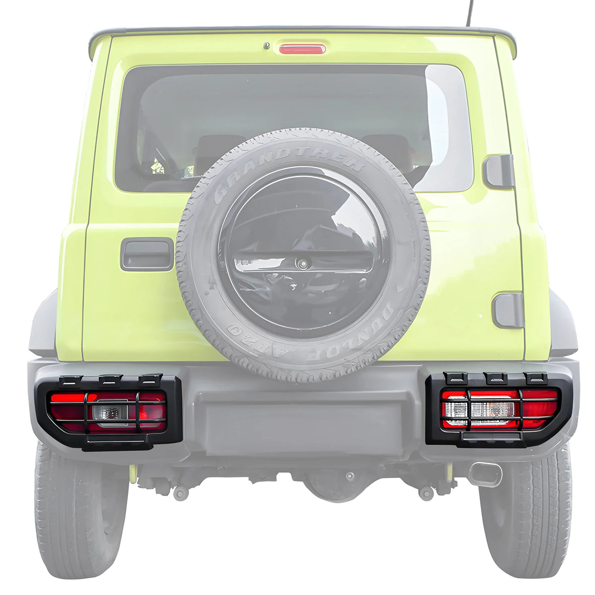 Vue de face d'un Suzuki Jimny vert lime avec phares et feux arrière modifiés.