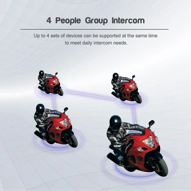 Four motorcycles with helmets are shown, illustrating the capacity of a 4 people group intercom system.
