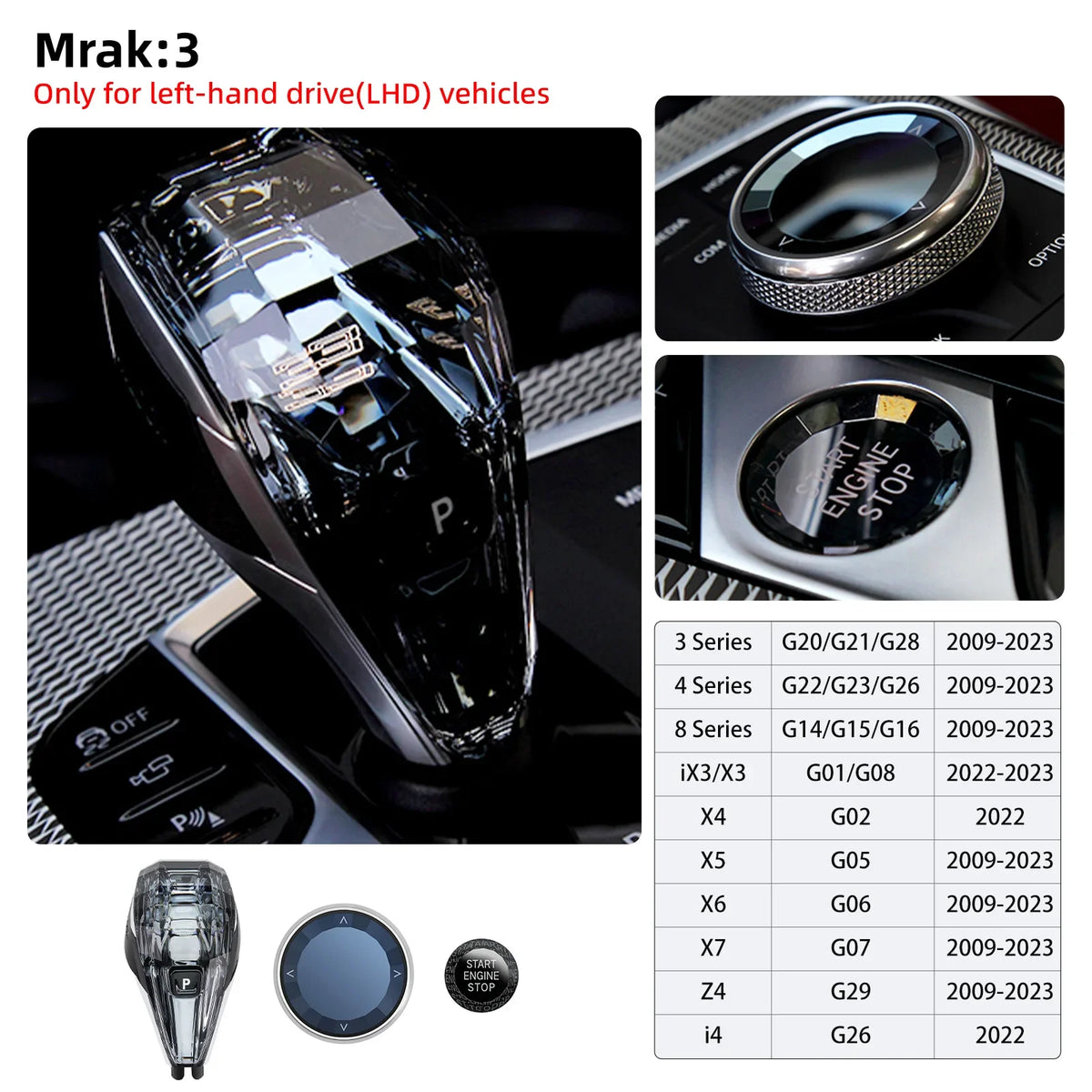 A crystal gear shift knob lever for various BMW models shown alongside related parts.