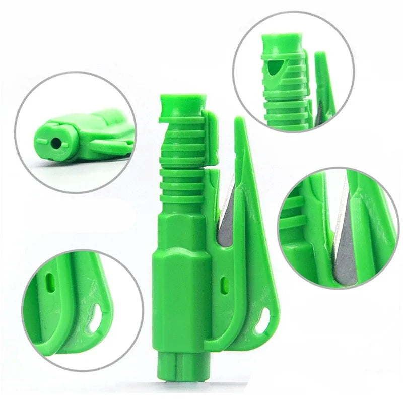 Green emergency car escape tool featuring a window breaker and seatbelt cutter with various components shown in detail.