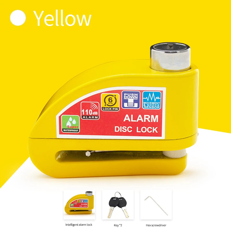 Yellow disc lock alarm security device with a key and hex screwdriver shown on a white background.