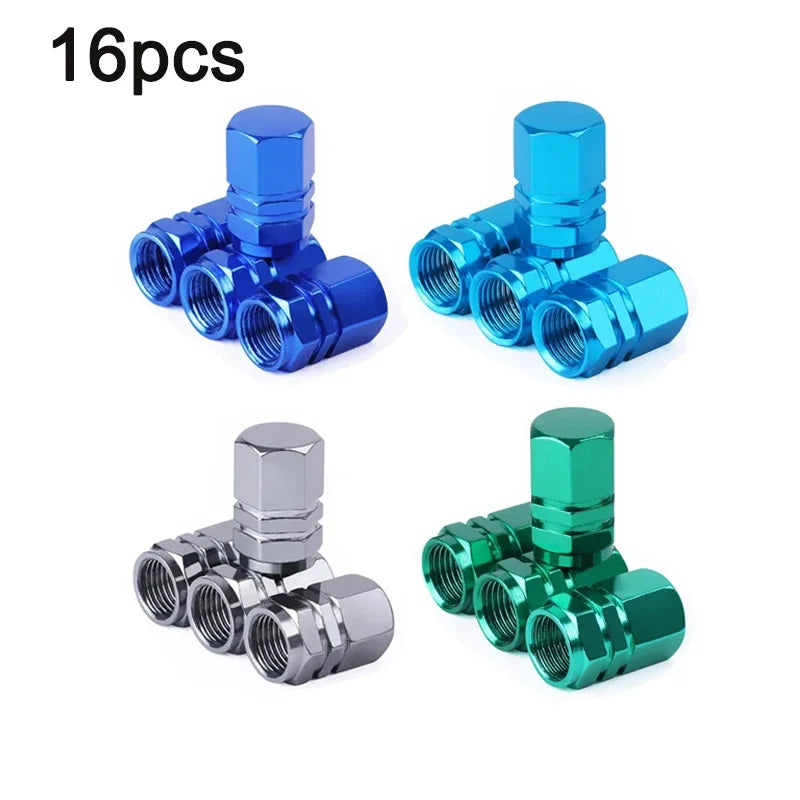 Set of 16 blue and green aluminum alloy tire valve caps for auto and motorcycle