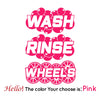 Pink vinyl decals for car detailing buckets featuring the words WASH, RINSE, and WHEEL'S