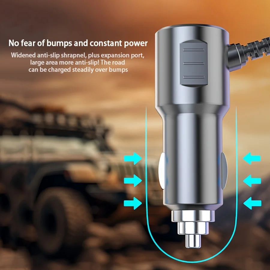 A silver multi-port QC 3.0 PD car charger adapter is shown with arrows indicating anti-slip features and power distribution.
