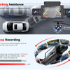 A 4-channel WiFi dash cam system showing parking assistance and loop recording features installed on a car.
