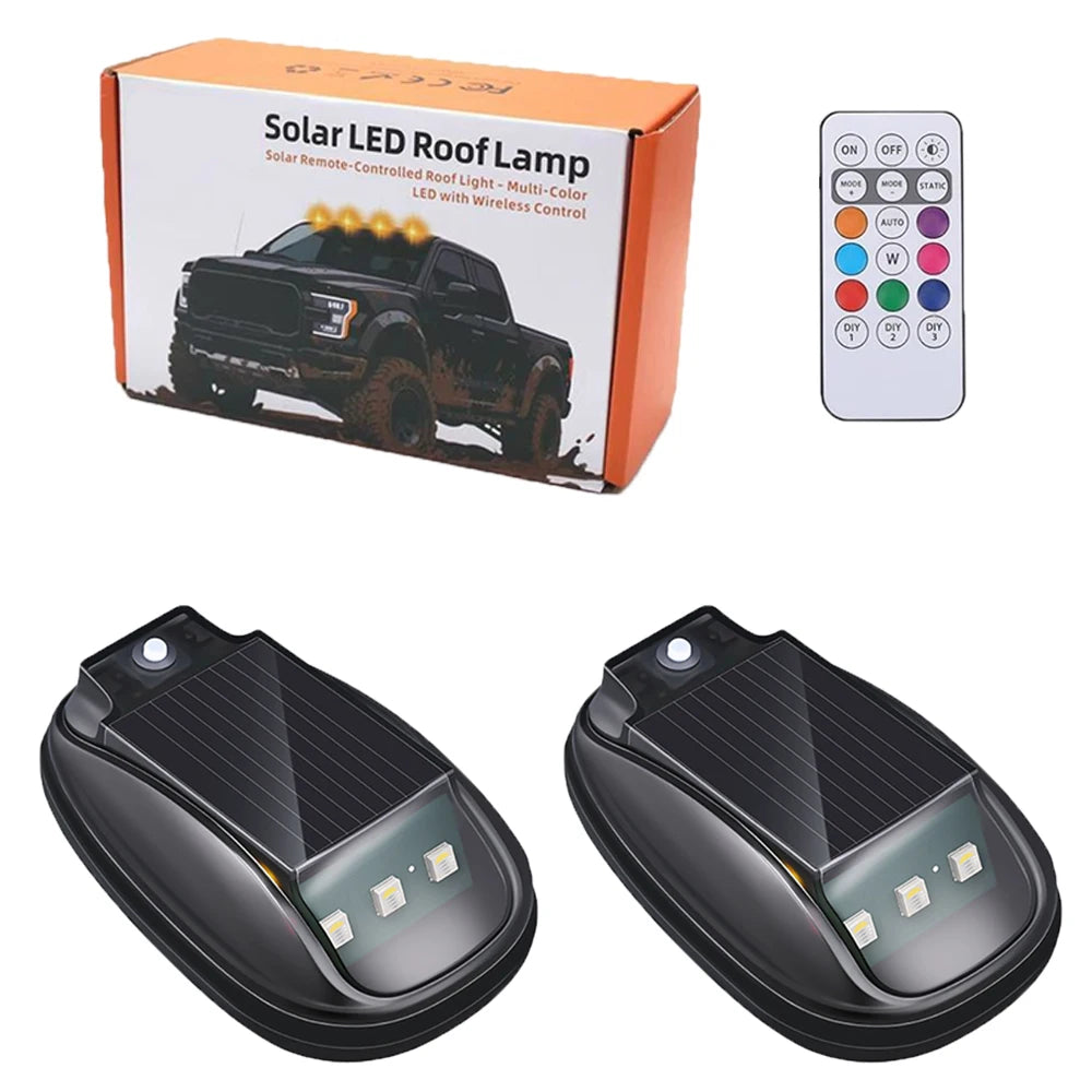Solar LED roof lamp kit including a remote control and two light panels for trucks and SUVs