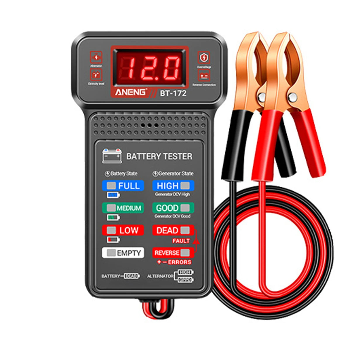 Schwarzer digitaler Batterietester mit Anzeige für 12,0 Volt und Testkabeln für den Automobilbereich.