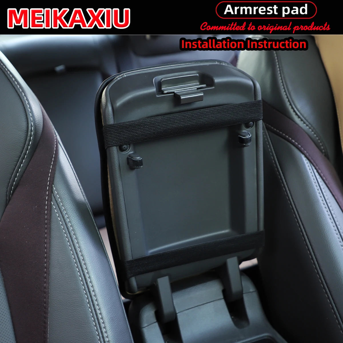 Black armrest pad cover for a car seat, shown in an installation instruction context.