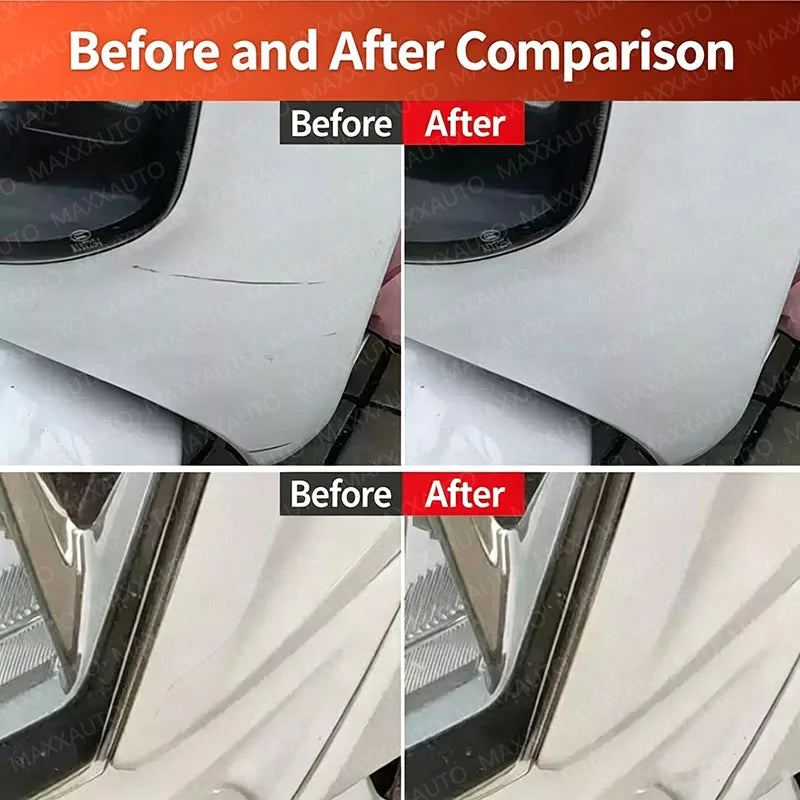 Before and after comparison showing the removal of scratches on a white car surface using a scratch remover kit.