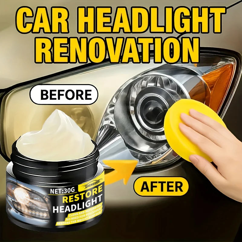 Before and after comparison of car headlight renovation using a restore headlight product