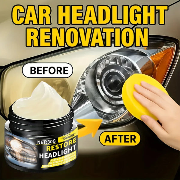 Before and after comparison of car headlight renovation using a restore headlight product