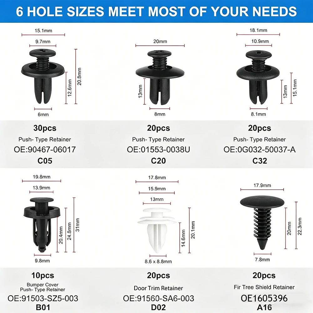 Six sizes of universal auto fastener clips including push-type retainers and trim retainers for car body work