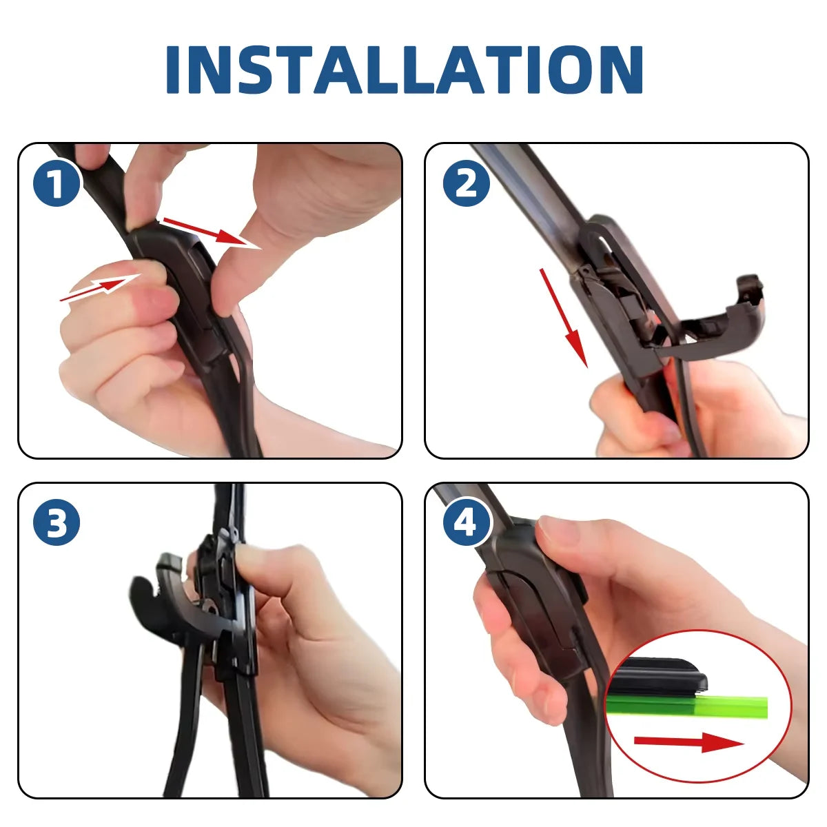 Installation steps showing how to attach J-hook windshield wiper blades to a vehicle.