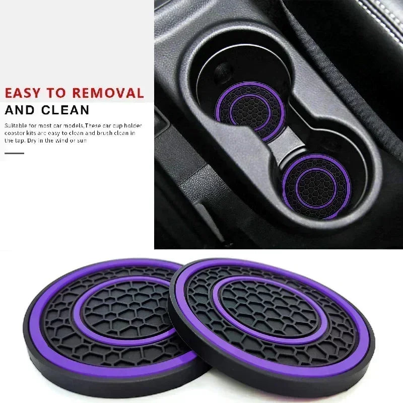 A set of two purple and black silicone car cup holder coasters shown next to a close-up view of the product being used in a c