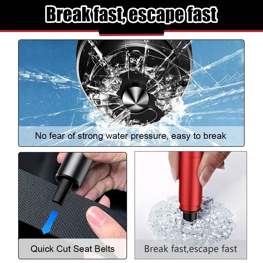 A set of tools demonstrating the ability to break glass and cut seat belts for emergency access.
