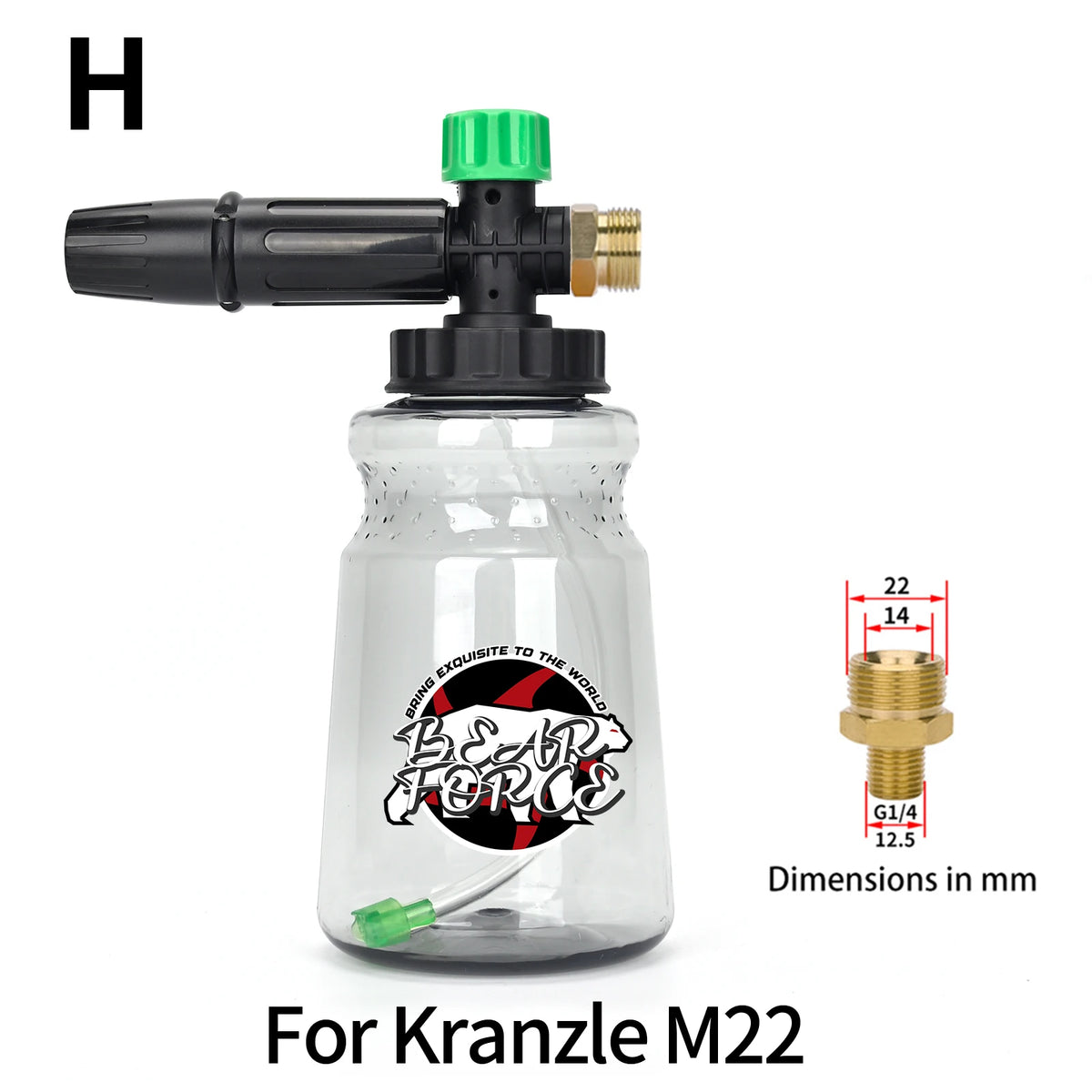 High-pressure foam lance for car and surface cleaning with a glass bottle and brass fitting